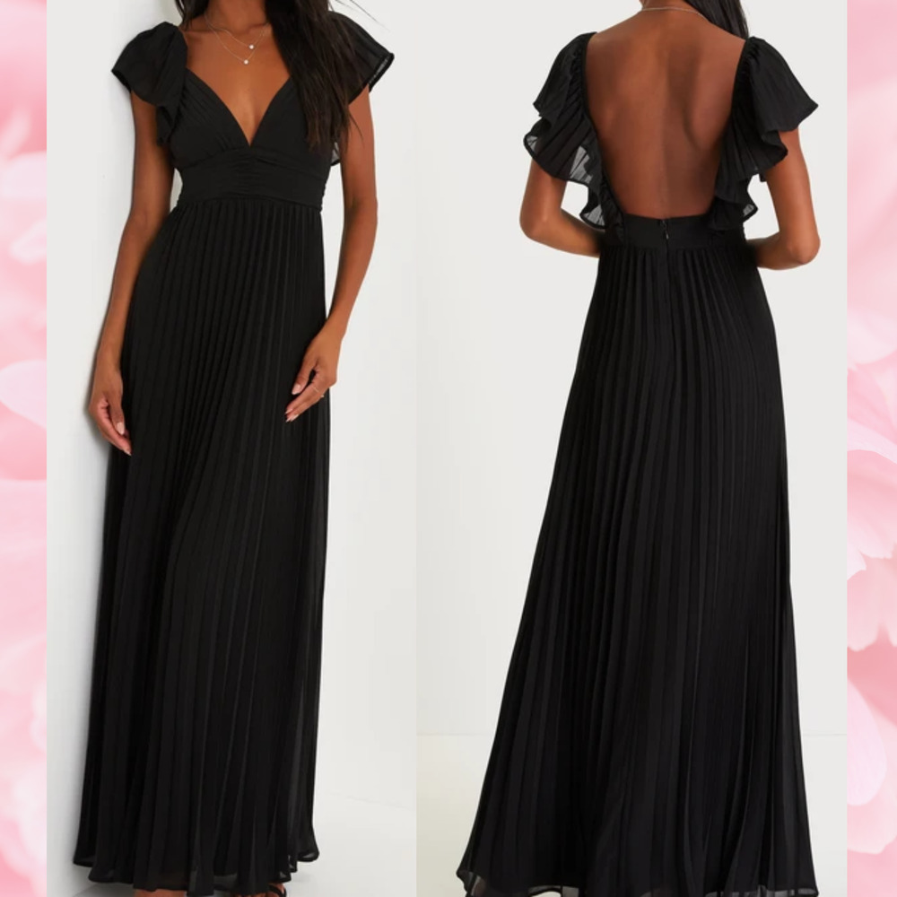LULU'S M Ideal Occasion Black Pleated Flutter Sleeve Backless Maxi Dress NEW B53